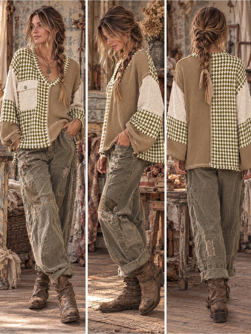 POL Clothing Patchwork Houndstooth V Neck Sweater Top Small NWOT Boho Artsy